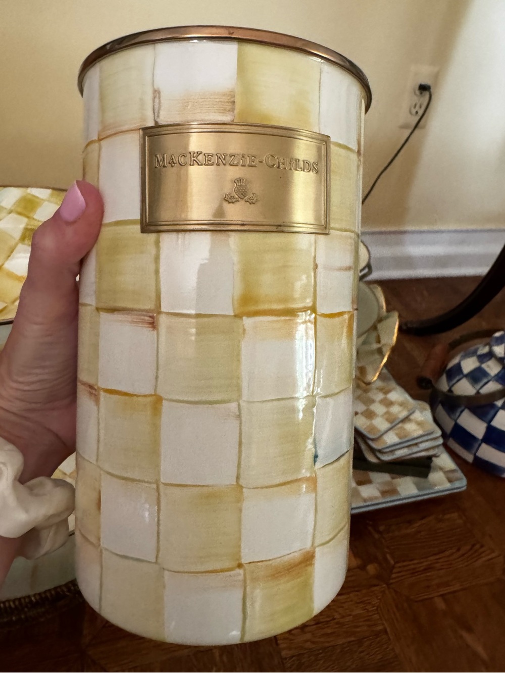 MacKenzie-Childs Yellow and Cream Check Ceramic Canister with Brass Plaque.